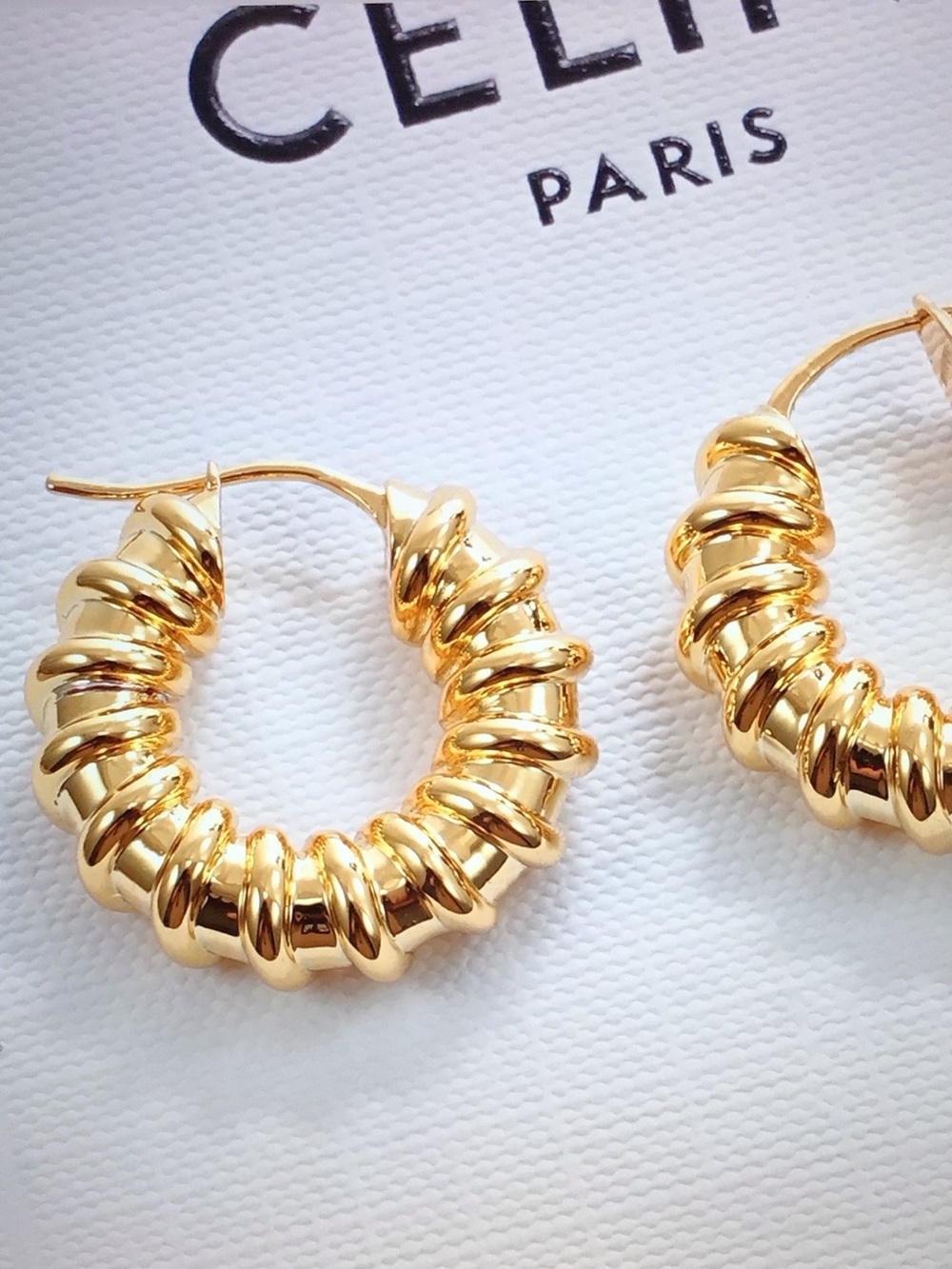 Celine Gold Ribbed Coil Hoop Earrings - Picture 2 of 6